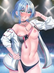 1girls areolae barseisui belly belly_button blue_eyes blue_hair blush breasts choker ear_piercing female female_only hiodoshi_ao hololive hololive_dev_is hololive_regloss light-skinned_female light_skin looking_at_viewer nail_polish nipples open_mouth piercing pink_nipples regloss short_hair solo thick_thighs thighs tomboy virtual_youtuber