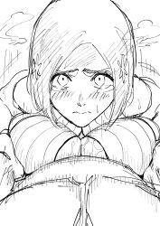 big_breasts bleach bleach:_the_thousand-year_blood_war breast_focus breasts center_opening clothed_sex dress faceless_male female female_focus hands-free hands-free_paizuri huge_breasts inoue_orihime iwao178 male monochrome no_bra oppai outercourse paizuri penis penis_between_breasts revealing_clothes titjob voluptuous