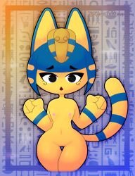 absurd_res animal_crossing ankha ankha_(animal_crossing) anthro big_head blue_hair breasts clothing cordicedraw curvy_figure cute_expression female glistening glistening_body hair headgear headwear hi_res hieroglyphics navel nintendo nipples shy small_breasts solo thick_thighs wide_hips yellow_body