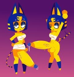 1futa animal animal_crossing ankha ankha_(animal_crossing) anthro big_balls big_penis blue_eyeshadow blue_fur blue_hair breasts egyptian eyeshadow feline furry futa_only futanari gigantic_penis gradient_background huge_balls huge_cock humanoid_penis leaking_precum lottieplus medium_breasts metastitches nintendo precum purple_background serious simple_background smug smug_face solo solo_futa standing stretching yellow_fur