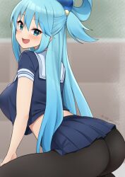 1girls aqua_(konosuba) ass black_pantyhose blue_eyes blue_hair blue_shirt blue_skirt blush breasts crop_top female female_only hair_ornament highres jampen kono_subarashii_sekai_ni_shukufuku_wo! large_breasts long_hair looking_at_viewer looking_back midriff miniskirt open_mouth pantyhose school_uniform schoolgirl shirt short_sleeves sidelocks single_hair_ring skirt smile solo stockings thighs