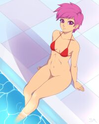 1girls bikini_top bottomless edit female friendship_is_magic human humanization humanized my_little_pony pool red_bikini red_bikini_top scootaloo_(mlp) solo souladdicted thighs vagina vulva water