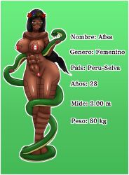 1girls animal big_breasts black_hair braid breasts censored censored_nipples censored_pussy dark-skinned_female dark_skin female female_only flower flower_in_hair green_background green_eyes hourglass_figure latina muscular muscular_female native_american novelty_censor nude nude_female oc original pectorals peruvian_female peruvian_flag reference_sheet simple_background snake spanish_text standing tattoo text underwear voluptuous voluptuous_female