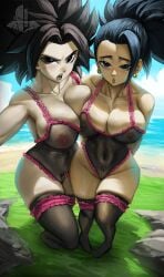 2girls big_breasts black_hair breast_press breasts caulifla clothing dragon_ball dragon_ball_super ear_piercing earrings elitenappa female female_only female_saiyan kale looking_at_viewer multiple_girls nipples piercing pubic_hair pussy saiyan see-through see-through_clothing thick_thighs thighhighs universe_6/universe_7 wide_hips