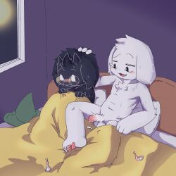 after_sex anthro arm_tuft asriel_dreemurr bed bedpost bedroom black_pupils blush bodily_fluids bovid breaduck caprine chest_tuft clothing condom cum cum_on_bedding cum_on_own_penis cum_on_penis cum_on_self dark_body deltarune duo elbow_tuft eyebrows eyewear eyewear_only filled_condom furniture genital_fluids genitals glans glasses glasses_only goat hat head_pat head_tuft headgear headwear hi_res holding_blanket horn humanoid_genitalia humanoid_penis light_body looking_at_another looking_at_partner looking_down male male/male mammal navel nude open_mouth open_smile pawpads penis pillow pupils raised_eyebrow ralsei red_glans red_pawpads sexual_barrier_device smile sweat tuft undertale undertale_(series) wavy_mouth