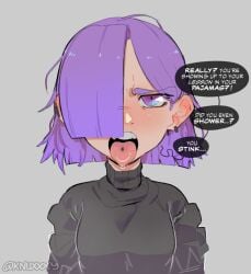 1girls black_clothing complaining duolingo ear_piercing emo emo_girl english_text female female_only hair_over_one_eye knuxy light-skinned_female light_skin lily_(duolingo) medium_hair open_mouth piercing pov purple_eyes purple_hair safe saliva setup short_hair sweater text tongue tongue_out tongue_piercing turtleneck turtleneck_sweater