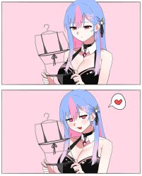 1girls bikini blush female female_only girls_reacting_to_bikini_(meme) heart long_hair meme multicolored_hair pink_background safe sfw simple_background