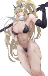 1girls abs bare_shoulders barghest_(gawain)_(fate) bikini blonde_hair breasts fate/grand_order fate_(series) green_eyes heterochromia hi_res holding_object large_breasts long_hair looking_at_viewer memory342 muscular_female navel parted_lips pink_eyes ponytail scarf simple_background solo weapon white_background