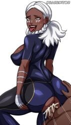 1boy 1girls 2d ahe_gao big_ass big_breasts big_penis colored cum cum_in_pussy dark-skinned_female dark-skinned_male dark_skin deareditor face_tattoo female fully_clothed illustration male male/female original original_character sex skin_tight straight tongue_out torn_clothes vaginal_penetration white_hair yellow_eyes