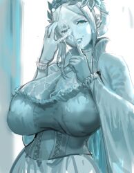 1girls cleavage cum cum_on_breasts cum_on_face cum_on_hand female female_only fire_emblem fire_emblem_warriors fully_clothed huge_breasts idlecum mature mature_female milf nintendo smile solo yelena_(fire_emblem)