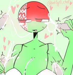 1girls 4boys belarus_(countryhumans) blowbang bra breasts canada_(countryhumans) countryhumans countryhumans_girl covered_in_cum cum_everywhere cum_in_breasts cumshot female hearts humanoid japan_(countryhumans) kak0yt0_chel mexico_(countryhumans) motion_lines multiple_boys naked nude nude_female tagme united_states_of_america_(countryhumans)