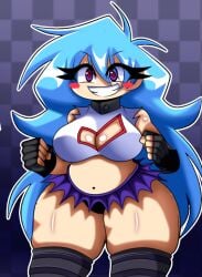 big_breasts blue_hair boob_window breasts crop_top elronnyx fat_thighs friday_night_funkin friday_night_funkin_mod heart-shaped_pupils hourglass_figure midriff miniskirt panties purple_eyes sky_(friday_night_funkin) skyblue skyverse smile thick_thighs thighhighs thighs wide_hips