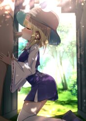 1boy 1girls absurdres black_footwear blonde_hair blush closed_eyes darumoon day dress fellatio female hair_ribbon hat heart highres kneeling long_sleeves medium_hair mosaic_censoring on_ground oral outdoors outside public_sex purple_dress red_ribbon ribbon ribbon-trimmed_sleeves ribbon_trim shoes sidelocks suwako_moriya textless textless_version thighhighs touhou white_thighhighs