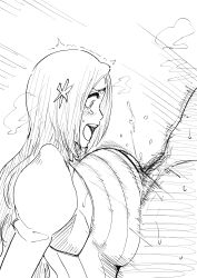 big_breasts bleach bleach:_the_thousand-year_blood_war breast_focus breasts center_opening clothed_sex dress faceless_male female female_focus hands-free hands-free_paizuri huge_breasts inoue_orihime iwao178 male monochrome no_bra oppai outercourse paizuri penis penis_between_breasts revealing_clothes titjob voluptuous