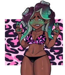 <3_eyes animal_print awkward_smile blush bodily_fluids bra cephalopod clothing dark-skinned_female dark_body dark_skin embarrassed female genital_fluids gesture glistening glistening_hair green_eyes hair heart humanoid looking_away marina_(splatoon) marine markings mole_(marking) mollusk nintendo nsfwbunniii octarian octoling panties pseudo_hair pussy_juice solo splatoon sweat sweatdrop underwear v_sign