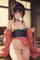 ai_generated blush breasts_out breath brown_eyes brown_hair cameltoe female female_only gintama japanese_clothes kimono looking_at_viewer no_bra obi off_shoulder open_kimono panties ponytail shimura_tae small_breasts solo white_panties