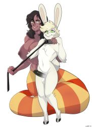 1boy 1boy1girl 1girls bunny_boy bunny_ears bunny_tail cosmicminerals dark-skinned_female erect_penis femdom furry huge_breasts lamia large_penis malesub naga original original_characters rabbit_boy rabbit_ears rabbit_tail slave slave_collar slaveboy snake_girl submissive_male topless white_fur