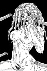 1girls anime_style berserk black_and_white breasts bukkake cum cumshot demon_girl female green_hair hips humanoid large_breasts licking_lips long_hair monochrome nipples nude penis r34noob slan solo_focus stomach villainess white_skin wings