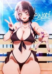 big_breasts bikini black_and_white_hair black_choker choker hololive hololive_english hololive_english_-advent- naoillus shiori_novella solo two_tone_hair virtual_youtuber yellow_eyes