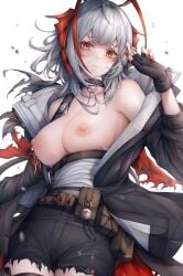 ahoge arknights big_breasts breasts clothed exposed_breasts looking_at_viewer nipples snm_(sunimi) tagme torn_clothes w_(arknights) white_hair