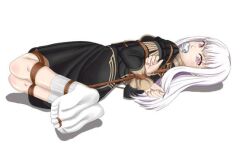 1girls aibaihe bondage female femsub fire_emblem fire_emblem:_three_houses gag hogtie lysithea_von_ordelia pink_eyes reverse_prayer rope rope_bondage sock_gag socks white_hair