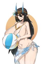 1girls absurd_res beach_ball big_breasts bikini black_hair blue_horns closed_eyes earrings female female_only horns isotoxal long_hair mira_(isotoxal) mole mole_on_body mole_on_thigh mole_under_eye oni oni_horns pointy_ears smiling solo