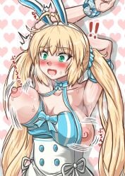 !! @_@ areolae armpit_fetish armpits arms_up artoria_caster_(fate) artoria_caster_(swimsuit)_(fate) artoria_pendragon_(caster) big_breasts blush breasts breasts_out bunny_girl bunnysuit fate/grand_order fate_(series) heavy_breathing stretching stretching_arms sweat tears