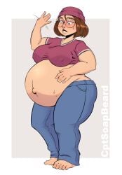 1girls barefoot belly big_belly brown_hair captainsoapbeard family_guy female hat hyper_belly large_breasts meg_griffin nerdy_female nipple_bulge pants pregnant shirt