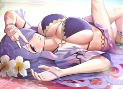 1girls alternate_costume beach bikini bracelet breasts camilla_(fire_emblem) camilla_(summer)_(fire_emblem) cleavage female female_only fire_emblem fire_emblem_fates fire_emblem_heroes flower gonzarez hair_flower hair_ornament hair_over_one_eye highres jewelry large_breasts light-skinned_female light_skin long_hair looking_at_viewer nintendo official_alternate_costume purple_bikini purple_eyes purple_hair purple_swimsuit revision sandals sarong sideboob smile swimsuit