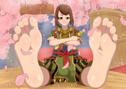 absurd_res absurdres arms_crossed barefoot brown_eyes brown_hair cherry_blossoms confettish crossed_arms dango expectant female female_only foot_fetish foot_focus green_outfit grin hi_res high_resolution highres looking_at_viewer monster_hunter monster_hunter_rise pink_petals presenting_feet smug_face smug_grin smug_smile soles solo solo_female tagme yomogi
