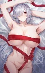 1girls 2023 arknights armpits arms_up belly breasts covered_nipples gino gladiia_(arknights) hi_res large_breasts light-skinned_female light_skin long_hair looking_at_viewer lying lying_on_back naked navel pointy_ears red_eyes ribbon solo white_hair