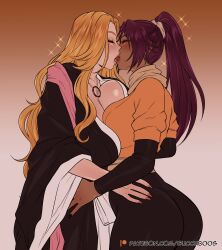 2girls ass big_breasts bleach blush breasts_to_breasts closed_eyes dark-skinned_female dark_skin female female_only kissing lesbian lesbian_kiss light-skinned_female light_skin long_hair matsumoto_rangiku orange_hair ponytail purple_hair shihouin_yoruichi sparkles succuboos tongue_kiss very_high_resolution yuri