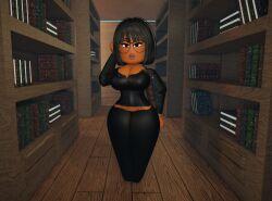 1girls 3d black_eyebrows black_eyeliner black_eyes black_glasses black_hair black_pants black_shirt books curvy curvy_female dark-skinned_female dark_skin eyeliner female glasses intellicow library lipstick red_lipstick roblox robloxian self_upload short_hair