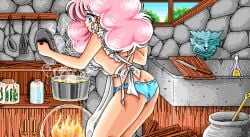 apron arms blue_panties bubbles cooking cooking_pot decoration ears eyebrows eyebrows_visible_through_hair eyes female female_only fire fluffy_hair furniture game_cg glass_container hands holding_object indoors knife legs miyata_yukimi mostly_nude no_sex non-web_source pc98 pink_hair pixel_art png pot potion rance_(series) rance_iii sill_plain sky smile steam stone_wall tree trees white_skin window