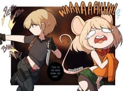 1boy 1girls animal_ears ashley_graham ashley_graham_(ella_freya) blonde_hair blue_eyes brown_hair capcom caught dialogue english_text female gun kinkymation leon_scott_kennedy male mouse_ears mouse_girl mouse_tail moushley pantyhose resident_evil resident_evil_4 resident_evil_4_remake running screaming short_hair skirt sound_effects speech_bubble tail text torn_clothes torn_pantyhose