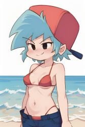 1girls ai_generated backwards_baseball_cap baseball_cap beach_background bikini black_eyes blue_hair boyfriend_(friday_night_funkin) female female_boyfriend_(friday_night_funkin) female_only friday_night_funkin jeans loose_pants pixai red_bikini red_hat rule_63 short_girl short_hair small_breasts smirk solo