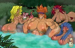 4girls amazoness amazoness_(yu-gi-oh) amazoness_paladin amazoness_queen amazoness_swords_woman amazoness_war_chief dark_skin hot_spring muscles yu-gi-oh! yuupitel