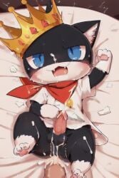 1boy after_sex ai_generated alternate_costume blush chibi crown cum cum_inside gay male male_only morgana_(persona) penis persona_5 persona_5:_dancing_star_night solo solo_focus solo_male t-shirt yaoi