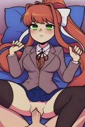 1boy ai_generated black_thighhighs blazer blue_skirt blush bow coral_brown_hair doki_doki_literature_club emerald_eyes female green_eyes holding_hair laying_on_bed legs_spread male male_pov monika_(doki_doki_literature_club) penetration pixai ponytail ribbon sex skirt skirt_up thighhighs vest white_bow