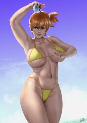 1girls alternate_breast_size asymmetrical_hair bangs bikini blush breasts clothing eyelashes female female_only game_freak gen_1_pokemon green_eyes hair_between_eyes high_resolution hips huge_breasts irving-zero kasumi_(pokemon) large_breasts legs navel nintendo orange_hair pokemon pokemon_(anime) pokemon_(classic_anime) pokemon_(game) pokemon_rgby ponytail short_hair side_ponytail solo swimsuit thick thick_thighs thighs thong tied_hair tomboy very_high_resolution wide_hips