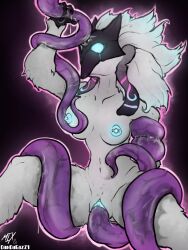 anthro blue_eyes dandagazz glowing_eyes glowing_nipples glowing_pussy kindred lamb_(league_of_legends) league_of_legends nipple_piercing riot_games tentacle tentacle_penetration tentacle_sex white_body white_fur white_hair