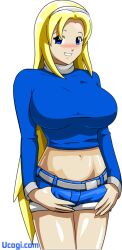 1girls blonde_hair blue_eyes breasts female female_focus female_only hairband hands_in_pockets hips large_breasts looking_at_viewer midriff short_shorts shorts sweater thighs transparent_background ucogi veins_(artist) voluptuous voluptuous_female