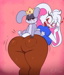 anthro anthro_on_anthro ass bent_over big_ass big_butt bunny_ears bunny_tail butt clothed crown fully_clothed furry large_ass mautis_skunk rabbit_ears red_eyes sitting_on_person size_difference thick_thighs thighs white_rabbit