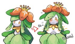 anthro big_breasts blush bodily_fluids breast_expansion breasts elemental_creature embarrassed expansion female flat_chested flora_fauna flower flower_on_head generation_5_pokemon green_body green_skin hair humanoid kint lilligant nintendo nipples not_furry nude orange_eyes plant plant_hair pokemon pokemon_(species) pseudo_hair side_by_side simple_background solo sweat sweatdrop white_background white_body white_skin