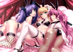 3girls ahoge all_fours alternate_costume animal_ears aqua_eyes ass bare_shoulders bed bikini black_footwear black_leotard black_ribbon black_skirt blonde_hair blue_eyes blue_hair bow breasts brown_eyes curtains curvy cute_fang embarrassed enmaided eyelashes eyes_visible_through_hair fake_animal_ears feet_out_of_frame female female_only fine_fabric_emphasis fishnet_thighhighs fishnets frilled_bikini frilled_skirt frilled_thighhighs frills frown furrowed_brow futaki_kanata garter_straps girl_sandwich gun hair_between_eyes hair_bobbles hair_ornament hair_ribbon hairbow half_updo handgun head_tilt highres jacket leotard lips little_busters! long_hair looking_at_viewer lying maid mary_janes medium_breasts midriff miniskirt multiple_girls naughty_face non-web_source nontraditional_playboy_bunny oerba_yun_fang off_shoulder on_back on_bed on_stomach open_mouth orange_eyes pantyhose parted_lips pillow playboy_bunny profile purple_hair rabbit_ears rabbit_tail ribbon sandwiched sasasegawa_sasami seductive_smile shiny_clothes shiny_skin shoes short_ponytail shy side_ponytail skirt smile sweat swimsuit tagme tail thighhighs thighs tokido_saya tongue tongue_out torn_clothes torn_pantyhose twintails two_side_up v-shaped_eyebrows very_long_hair weapon white_jacket white_thighhighs white_wrist_cuffs zen_(kamuro)