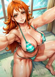 1girls ai_generated bikini breasts clothing female female_only hi_res hips hpeq huge_breasts indoors light-skinned_female light_skin long_hair nami_(one_piece) naughty_face nipples one_piece orange_hair post-timeskip smile stable_diffusion thick_thighs thighs wide_hips