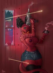 1girls anthro barbie_wire birthmark breasts claws clothed clothing detailed_background female gun helluva_boss hi_res holding_object holding_weapon horn humanoid imp imp_(helluva_boss) markings narrowed_eyes nipples partially_clothed ranged_weapon red_body red_eyes shooting solo thedarkzircon weapon