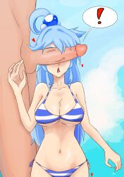 1boy 1girls aqua_(konosuba) bikini blue_hair breasts cock_in_face drool drool_on_face drooling female kono_subarashii_sekai_ni_shukufuku_wo! male penis precum snowwwy_(artist) suprised suprised_look sweat sweatdrop swimsuit