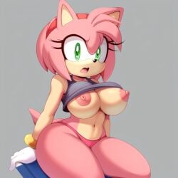 ai_generated amy_rose anthro areolae big_areola big_breasts bracelet breasts eulipotyphlan female furry furry_female gloves gold_(metal) gold_bracelet gold_jewelry green_eyes headband hedgehog large_breasts mammal navel nipples panties pink_fur pink_hair scut_tail shirt shirt_lift short_hair solo solo_female sonic_(series) sonic_the_hedgehog_(series) stable_diffusion tail thick_thighs thighs underwear