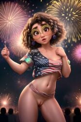 1girls ai_generated american_flag_shirt belly_button black_hair clothing colombian_female dark-skinned_female dark_skin disney earrings encanto female female_only fireworks glasses latina looking_at_viewer medium_breasts mirabel_madrigal petite public_nudity pussy shirt short_hair standing